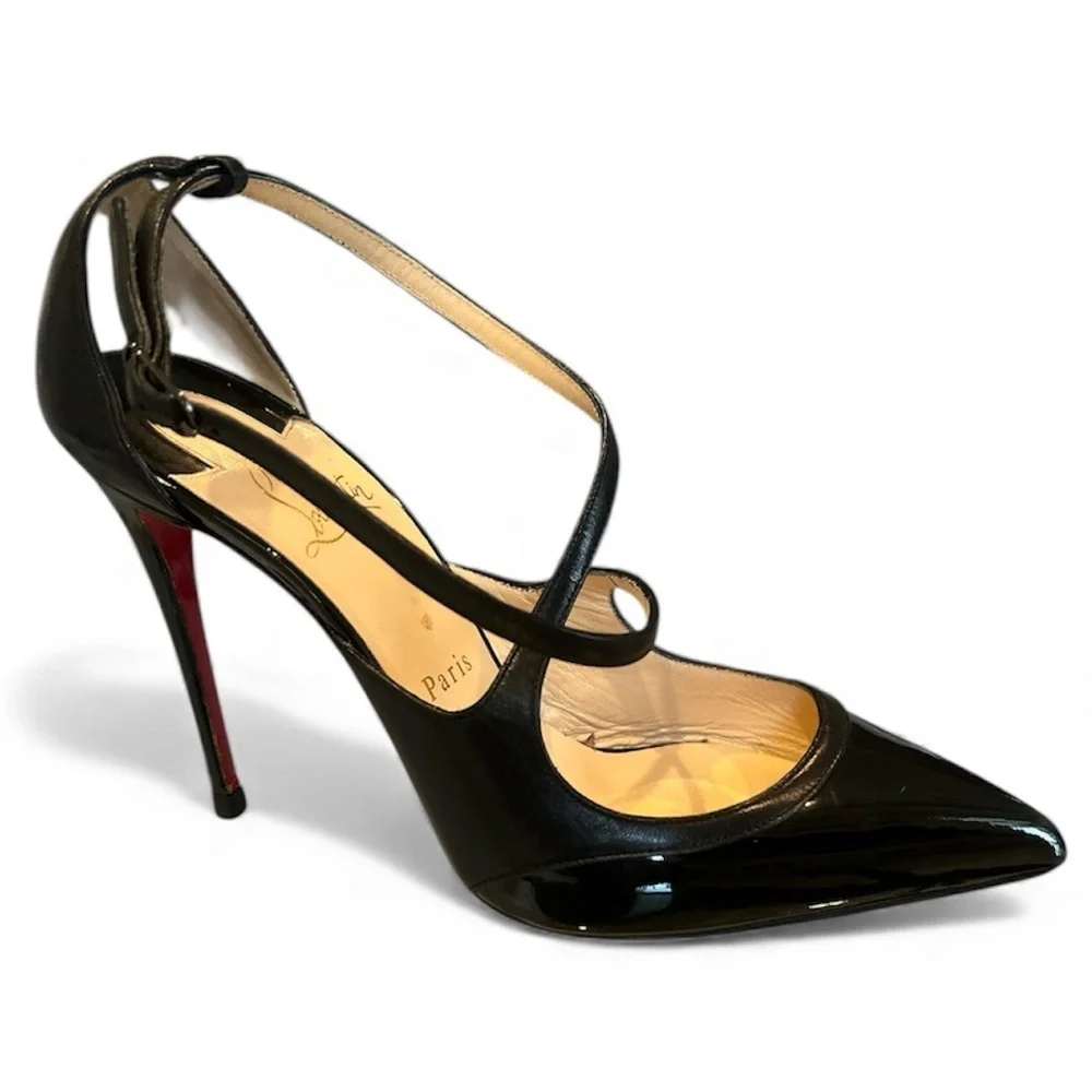 Christian Louboutin Crissos Black Strappy Patent 100mm Pumps Size 38.5 With Box - Picture 2 of 6